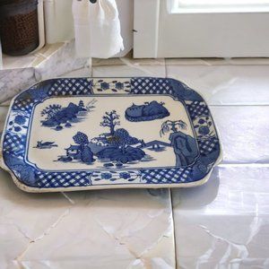VTG Chinese Blue & White Platter Tray Handpainted Collector Fan Decor 7.25"X11"